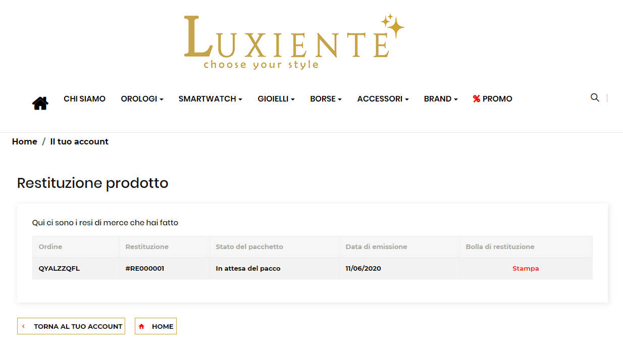 Modalità di reso su Luxiente.com